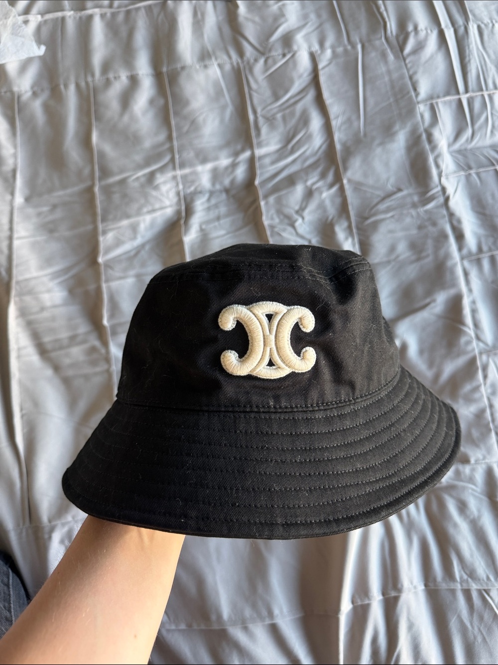 Celine Black Bucket Hat with Cream Logo Patch